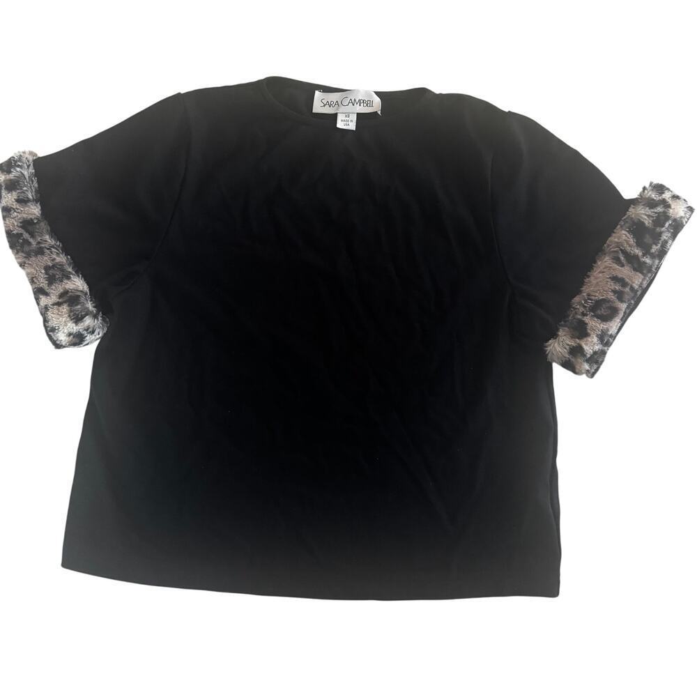 Sara‎ Campbell Black Velvet Top XS | Faux Fur Leopard Cuff Sleeves | Made in USA